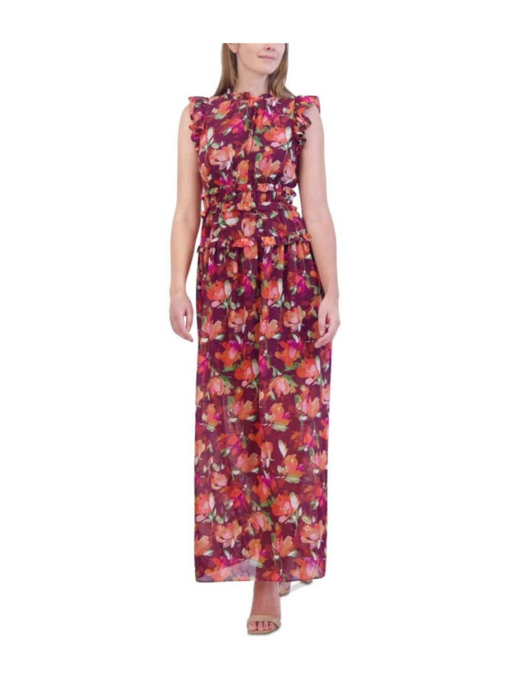 Vince Camuto Size 6 Burgundy Floral Ruffle Chiffon Maxi Dress NWT